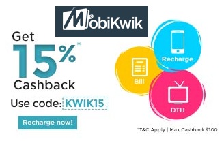 India Desire : Mobikwik KWIK15 Offer : Flat 15% Cashback On your Recharges & Bill Payments (Non Airtel)